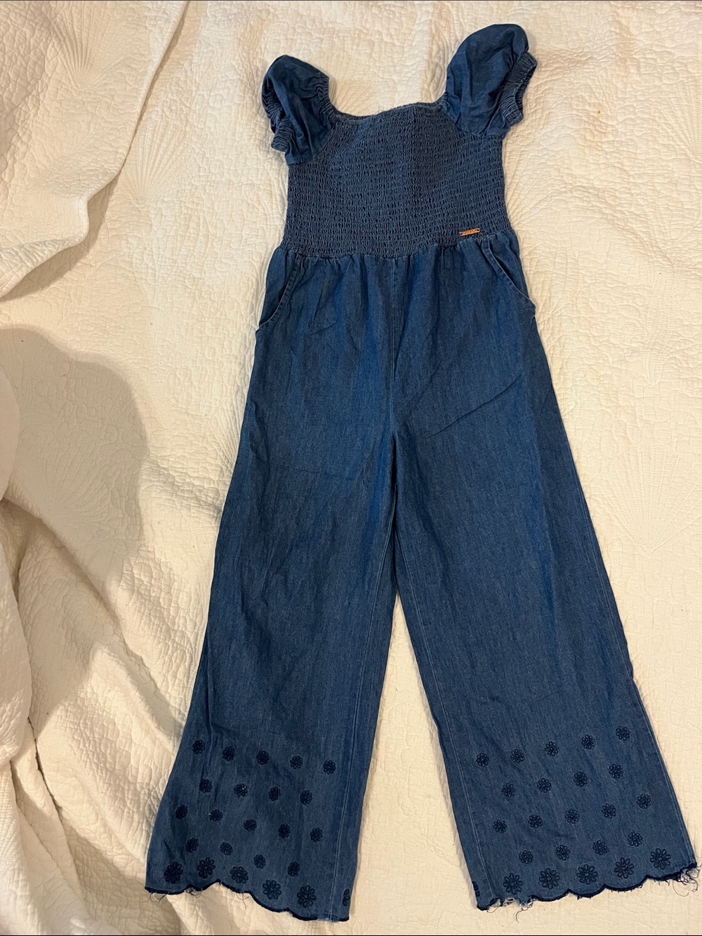 Tahari Girls denim jumper with flowers embroidered